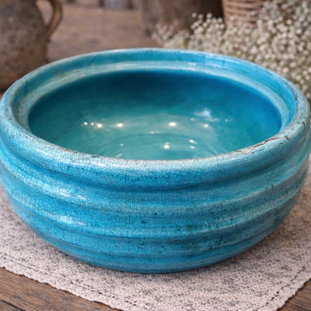 VtgTurquoise Pottery Mixing Bowl Crackle Glaze Rustic Farmhouse French Country